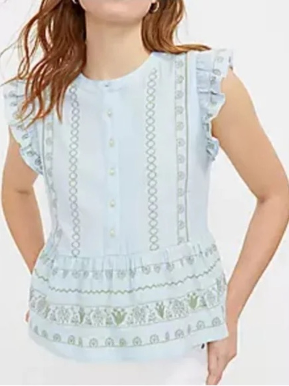 LOFT Floral Embroidered Henley Peplum Shell